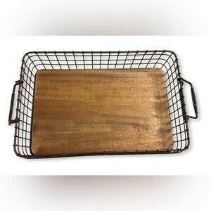 Wood Tray with Metal Wire Basket Frame - Rustic Brown
